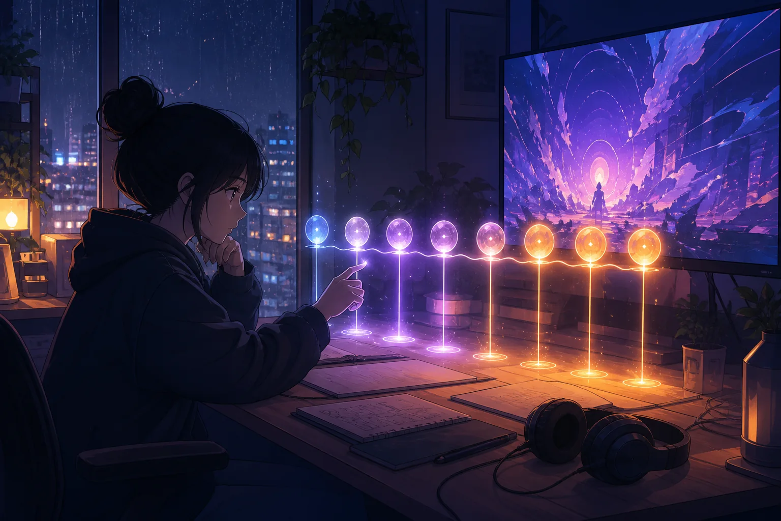 夜间追番桌面、原创动画画面与七段发光节奏组成的主视觉
